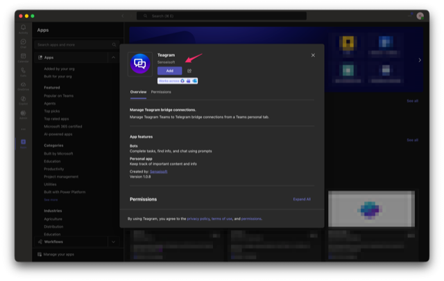 Screenshot: Apps -> find Teagram -> Add button