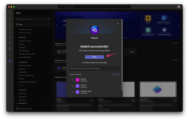 Screenshot: success, click Open