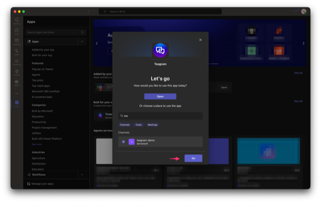 Screenshot: add to Teams chat