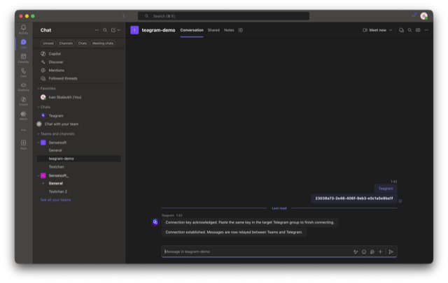 Screenshot: paste product key to Teams chat